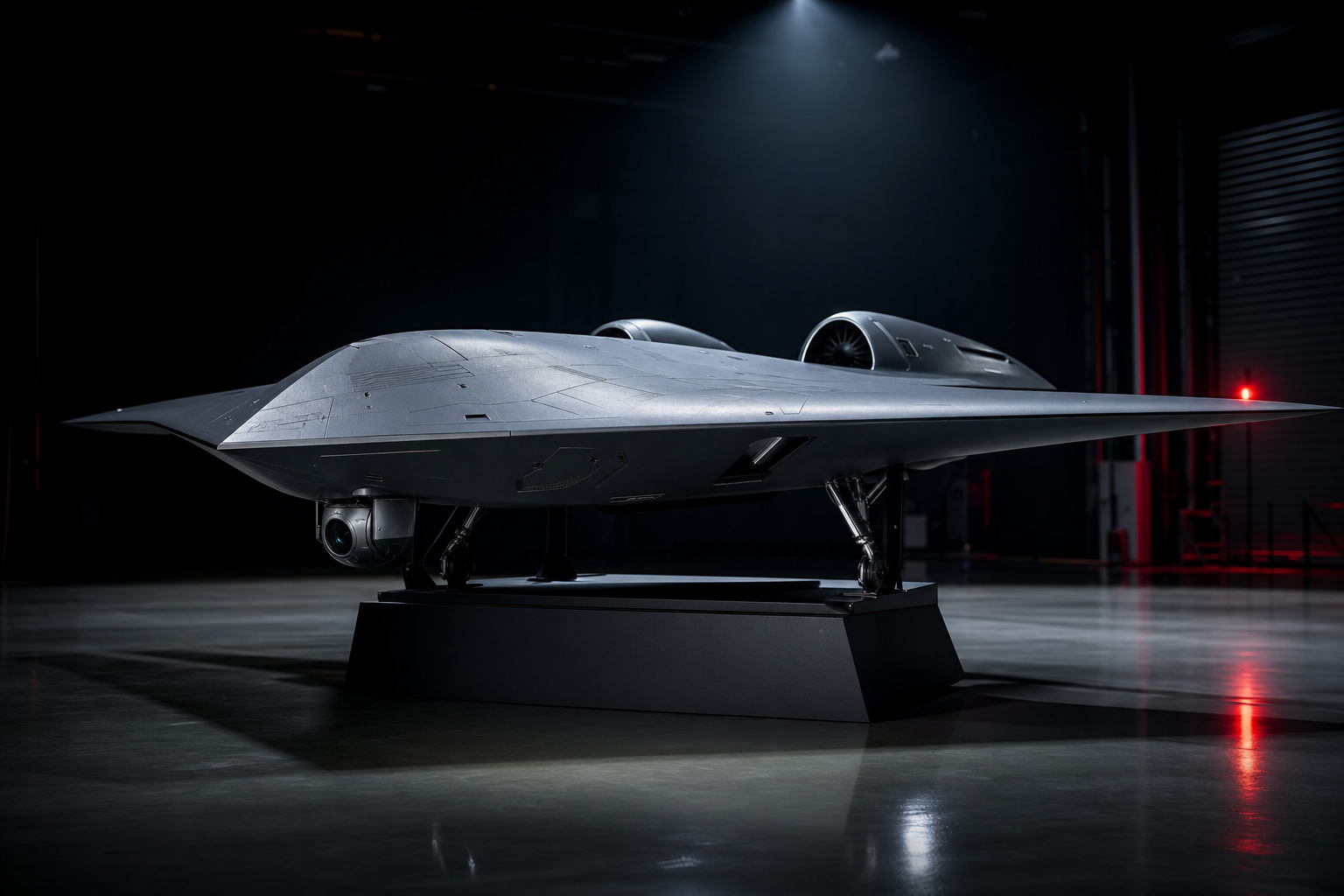 Autonomous aerial platform on display in a defense hangar