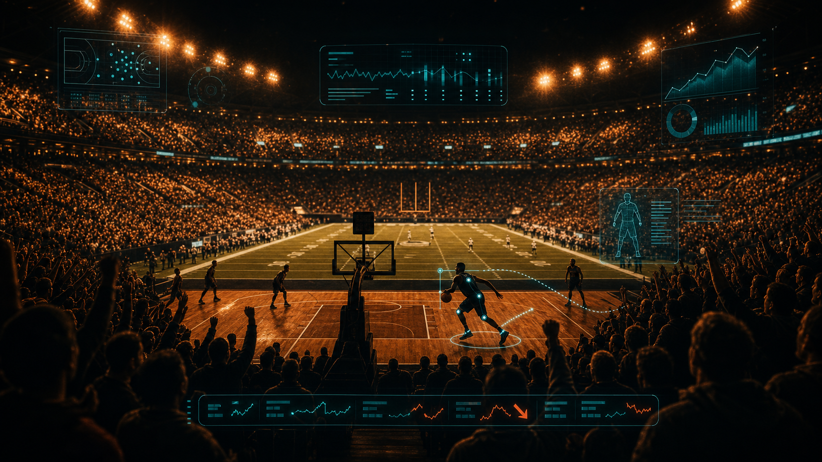 Sports operations command center at night with live betting odds boards, play-tracking diagrams, and a packed stadium bowl on the central screen